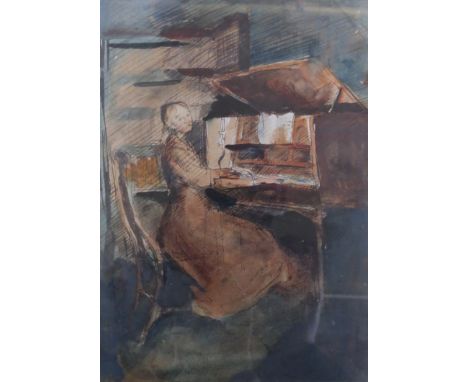 LADY EDNA CLARKE HALL (1881-1979) A framed and glazed watercolour "At the Keyboard", circa 1895. New Grafton Gallery label ve
