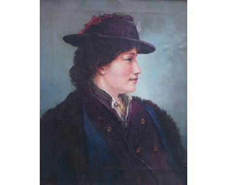 A framed female portrait wearing heavy coat and hat, oil on canvas 44cmx35cm