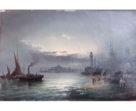 An oil on board of a seascape, boats to foreground, entitled Margate, in gilt frame. Indistinctly signed 19cm x 29cm