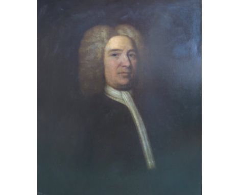 English School, 18th Century:  Half-length portrait of a gentleman wearing a powdered wig.  Oil on canvas.  73.5 x 62cm