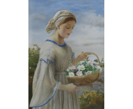 FREDERICK SMALLFIELD (1829-1915) A framed and glazed watercolour portrait of a young woman collecting flowers. Signed and dat