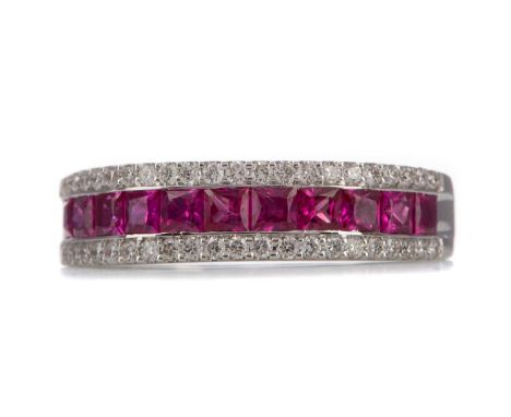 RUBY AND DIAMOND HALF ETERNITY RING,set with princess cut rubies totalling approximately 1.09 carats, bordered by round brill