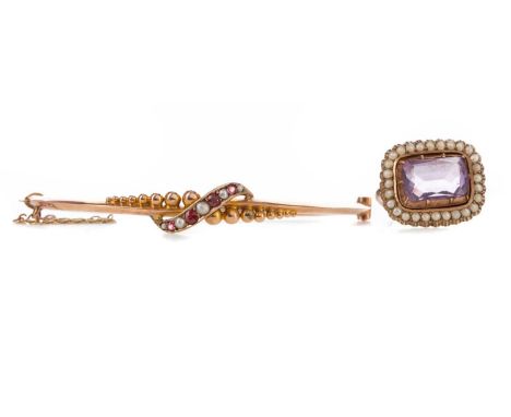 AMETHYST AND PEARL BROOCH,20mm wide, unmarked, along with an unmarked red gem set and pearl bangle (2)