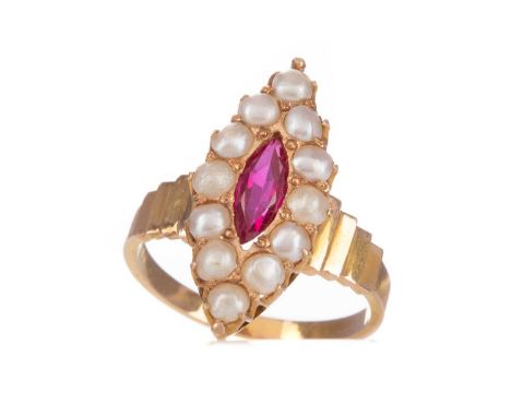 RUBY AND PEARL RING,set with a marquise shaped ruby within a halo of split pearls, on stepped shoulders, unmarked, size M 1/2
