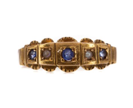 BLUE PASTE AND SEED PEARL RING,set with alternating paste stones and seed pearls, in fifteen carat gold, size R 1/2, 3.1g