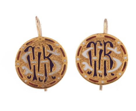 PAIR OF ENAMELLED AMERICAN DOLLAR EARRINGS,the monogram with red, white and blue enamel, one dated 1873, the other indistinct