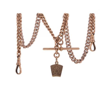 GOLD DOUBLE ALBERT CHAIN,with masonic Royal Arch charm, T-Bar and dog clips, 40cm long, in nine carat gold, 50gCondition repo