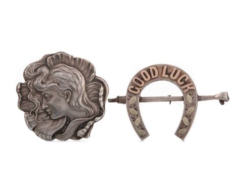 SILVER 'GOOD LUCK' BROOCH,in the form of a horseshoe and riding crop, with 'To Jeanie, From Mrs K, 4th Oct 18' the end broken