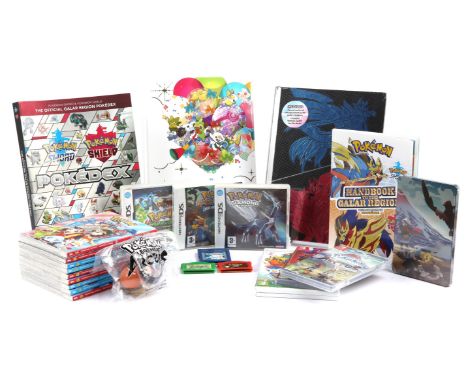 A large assortment of Pokemon games, accessories, strategy guides, art books, reading materials and related items across mult