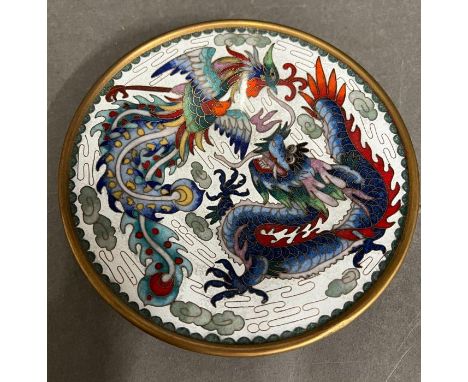 A Chinese cloisonne dish decorated with dragons on reverse decorated with two dragons playing with a fire ball, stamped (Dia1