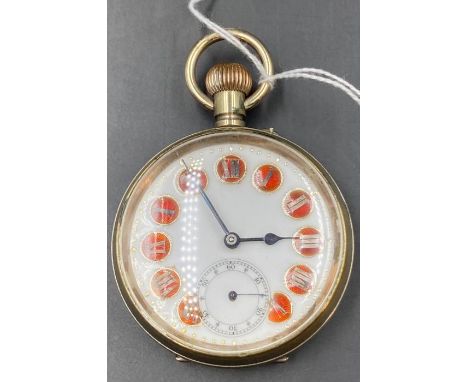 Oversized pocket watch, marked Argentum inside, with orange enamel 