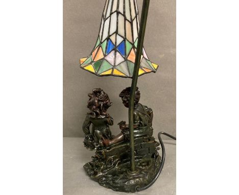 An art deco style goose neck table lamp with stained glass shade 