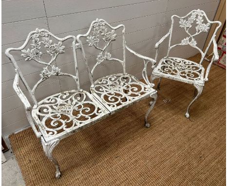 A Coalbrookdale style two seater bench seat and one chair 