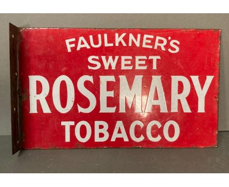 A red enamel advertising sign of Faulkner's Sweet Rosemary Tobacco 38cm x 23cm