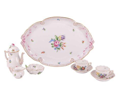 A Herend tete a tete coffee set and tray, with basket weave moulded border and painted floral sprays, comprising coffee pot, 