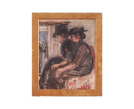 British School, early 20th century, Two seated female figures in bonnets, unsigned, oil on canvas, 39 x 31 cm, framed 46.5 x 
