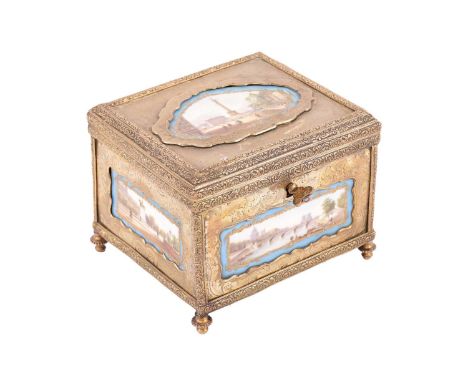 A Napoleon, III rectangular ormolu table jewellery casket inset with Sevres-style panels painted with Parisian scenes within 
