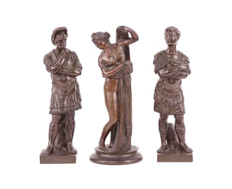 A pair of late Grand Tour patinated bronze figures of a Roman senator and a Greco-Roman soldier. on square bases,26 cm overal