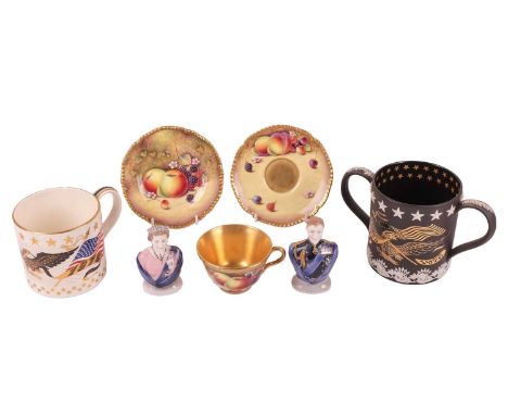 A Royal Worcester fruit-painted cabinet cup, saucer and side plate, decorated by Peter Platt, together with two Wedgwood limi