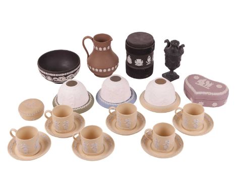 A set of six Wedgwood pale yellow Jasperware coffee cans and saucers, together with three Jasperware tealight stands and cove