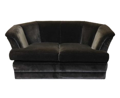 Gascoigne Designs; a two-seat sofa, with midnight blue stuff over velvet upholstery with loose squab cushions,155 cm wide x 1