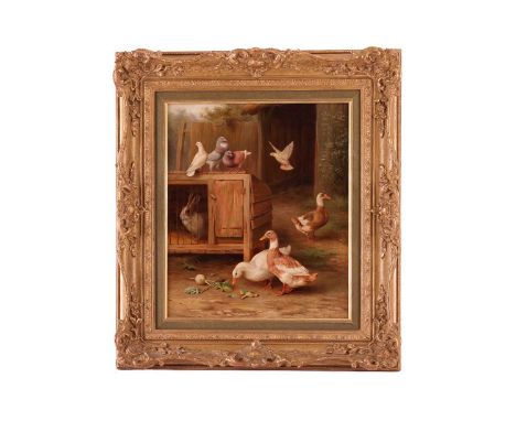 Edgar Hunt (British 1876-1953), Farmyard scene with doves, ducks and rabbit, signed 'E.Hunt' (lower right) and dated 1914, oi