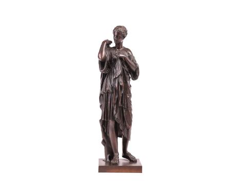 After Praxiteles," Diana of Gabii"; a large late Grand Tour patinated Classical bronze figure. on a square plinth base, 19 cm