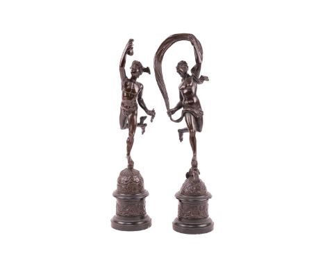 After Giovanni da Bologna, a pair of late grand tour-patinated bronze figures of Mercury and a Nymph, late 19th century, each