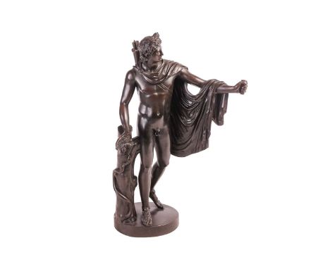 After the antique, The Belvedere Apollo, a large late Grand Tour lost wax cast bronze figure on a circular base,102 cm overal
