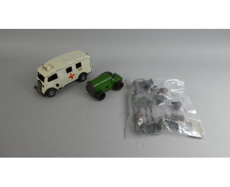 A Small Collection of Lead and Tin Plate Items to include Two Minic Vehicles, One Ambulance and One Tractor with some Linesid
