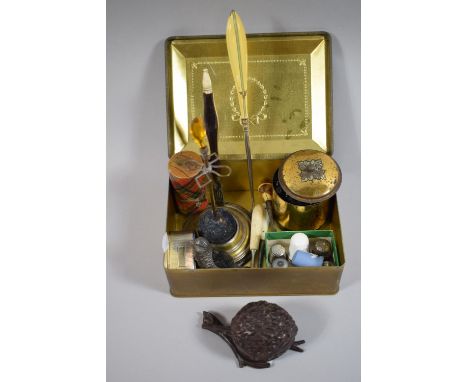 A Collection of Curios to Include Carved Wooden Inkwell, Silver Napkin Ring, Silver and other Thimbles, Enamelled Button Hook