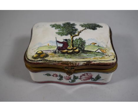 A Delft Serpentine Trinket Box, Lid Decorated with Farmer Resting Under Tree, 11cm Wide 