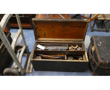 A Vintage Wooden Box Containing Carpenters Tools, 65cm Wide 