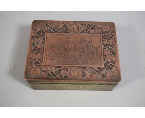 An Early 20th Century Cigarette Box, the Copper Lid with Engine Turned and Engraved Decoration Depicting Lady and Gent Riding