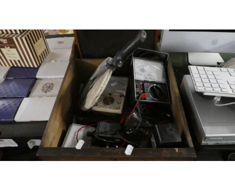 A Box Containing Various Tools Testers, Tape Measures etc 