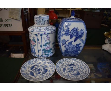 Two Oriental Large Ceramic Tea Caddies and a Pair of Blue and White Plates 