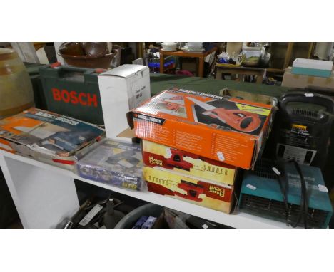 A Collection of Various Electric Workshop Tools to Include Sanders, Scorpion Saws, Nail Gun Etc 