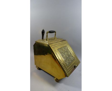 A Nice Quality Brass Coal Scuttle with Decoration in Relief, Ceramic Carrying Handle and Matching Handle to Shovel, Complete 