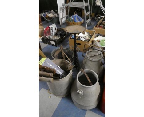 Two Galvanised Milk Buckets, Iron Stand, Galvanised Buckets, Tools etc 