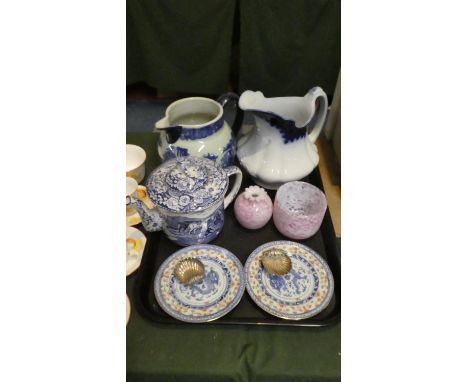 A Collection of Blue and White Jugs, Teapot, Pair of Blue and White Oriental Plates, Two Shell Shaped Silver Salts, Birmingha