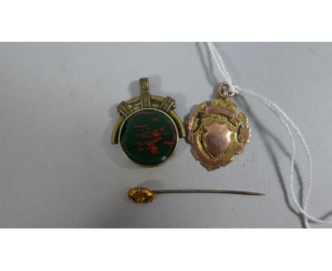 A 9ct Gold Fob, Gold Stick Pin and Swivel Fob with Blood Stone 