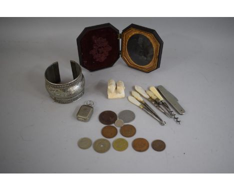 A Collection of Curios to Include Ambrotype Photograph, White Metal Bangle, Coins, Penknife, Mother of Pearl Handled Manicure