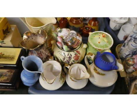 A Tray of Ceramic Jugs, Vases, Storage Jars, Capodimonte Sugar Bowl etc 