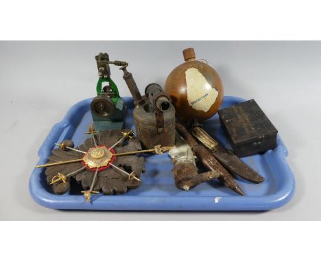 A Collection of Sundries to Include Blow Lamp, Signalling Lamp Box, Hunting Knives, Coconut Flask etc