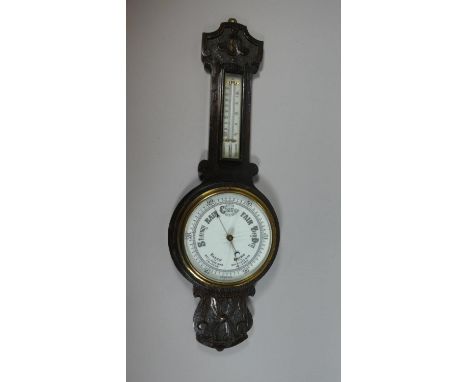 A Late Victorian Oak Framed Wall Hanging Barometer with Temperature Scale, 63cm High 