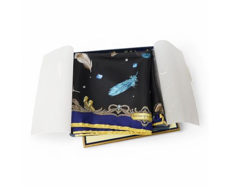 Aspinal of London silk scarf, with a printed feather design, boxed, 80cm x 85cm. Condition - good