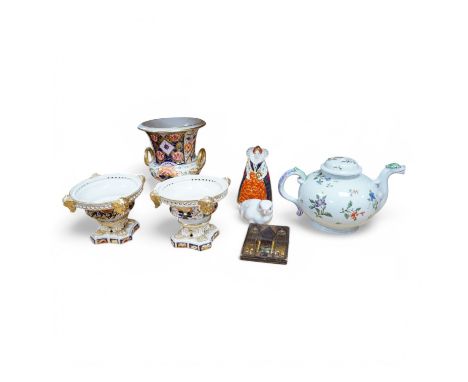 A pair Derby Imari pastille burners and a similar in shape vase, an 18th century Continental teapot, a Royal Worcester figure