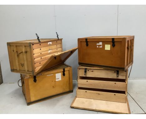 Four vintage Venesta storage boxes, width 76cm, depth 50cm, height 46cm.Provenance - Harrison Zoological Museum, Bowerwood Ho