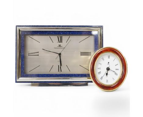 A Jaeger LeCoultre electric Swiss timepiece with chrome and Lapis style front and another smaller quartz timepiece, 20cm x 14