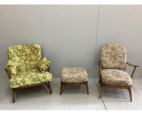 An Ercol beech armchair and a foot stool, together with one other Ercol beech armchair, larger 75cm, depth 78cm, height 90cm.